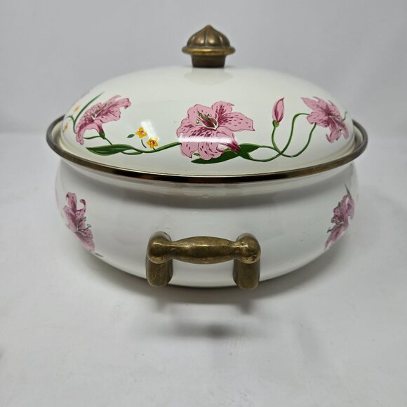 Vintage Normandy Taiwan Lily Floral Enamelware Casserole Dish With Lid & Brass H - Picture 4 of 12